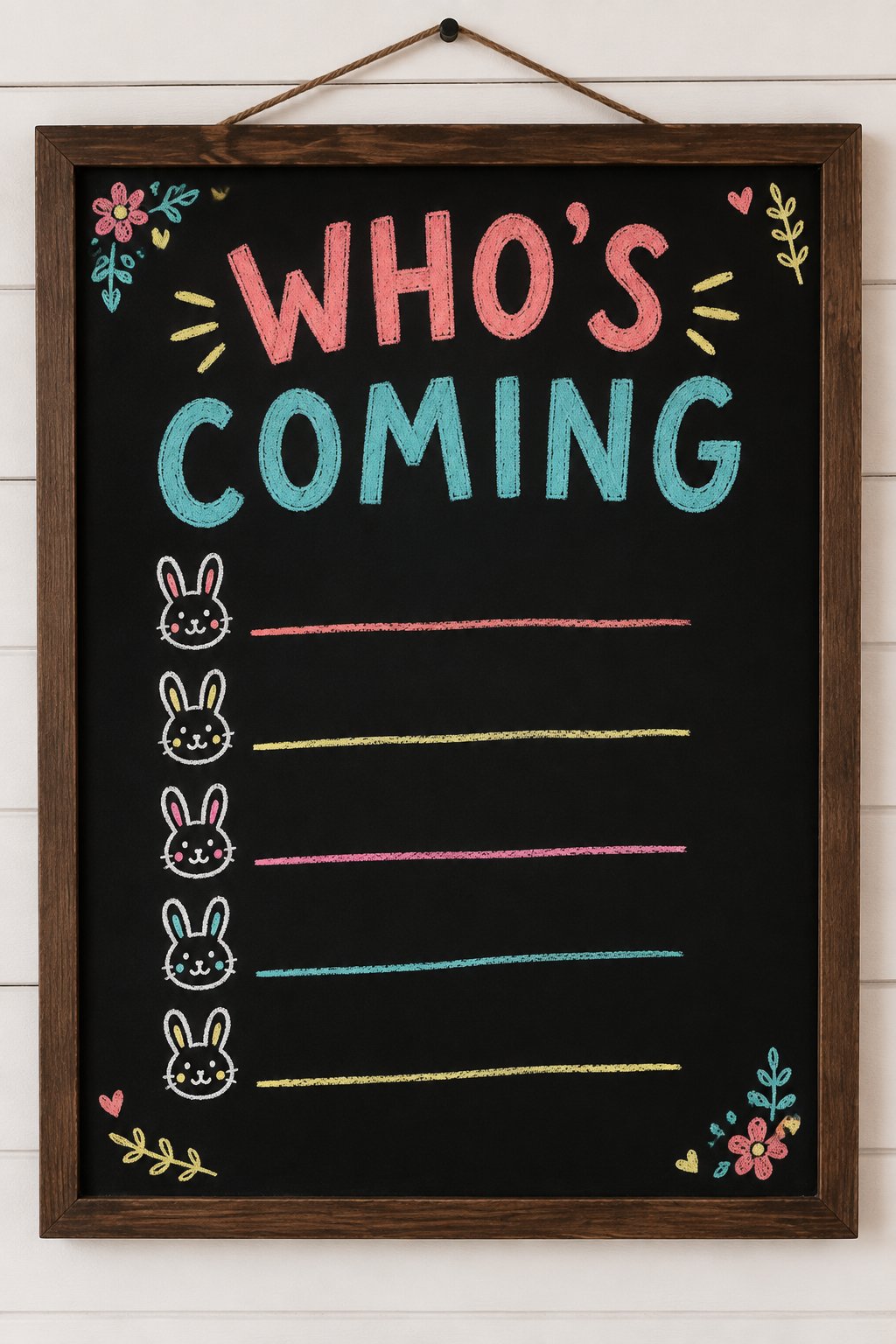 Who's Coming: a hand-drawn spring chalkboard sign reading "WHO'S COMING".