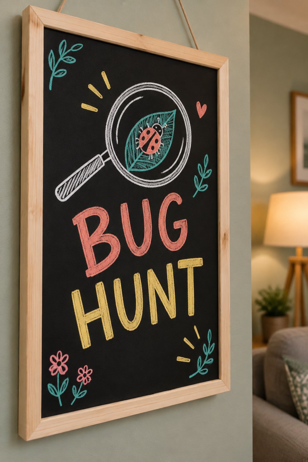 Bug Hunt: a hand-drawn spring chalkboard sign reading "BUG HUNT".