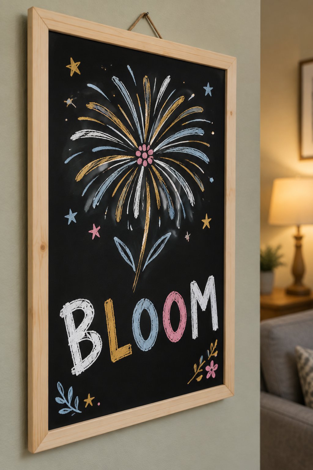 Fireworks Flower: a hand-drawn newyear chalkboard sign reading "BLOOM".