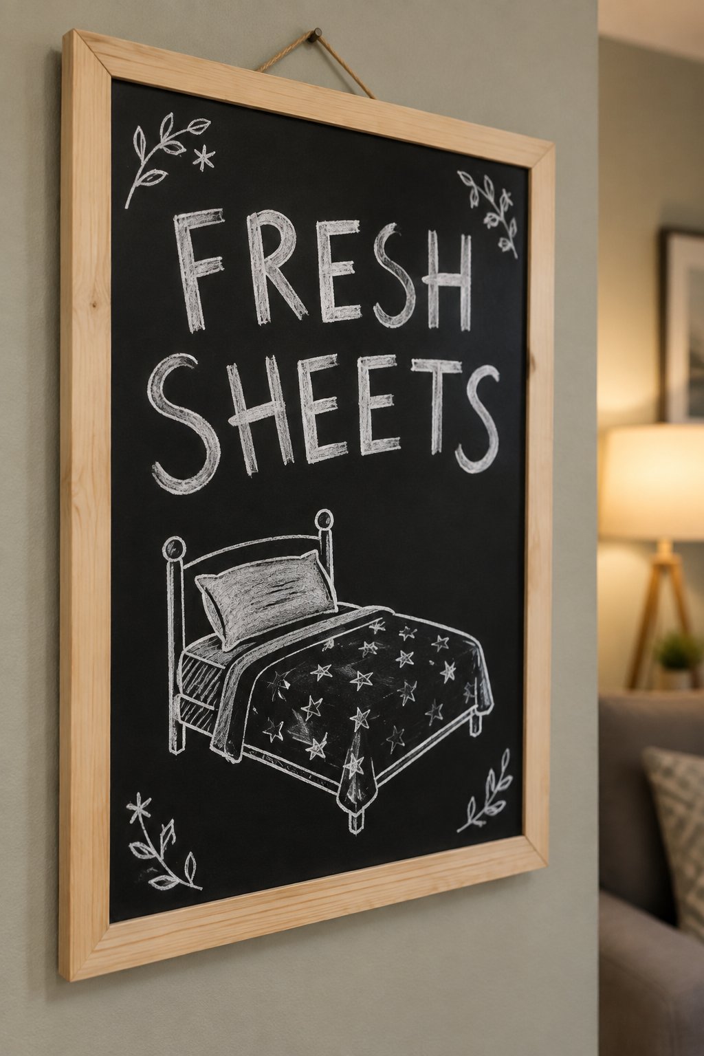 Fresh Sheets: a hand-drawn winter chalkboard sign reading "FRESH SHEETS".