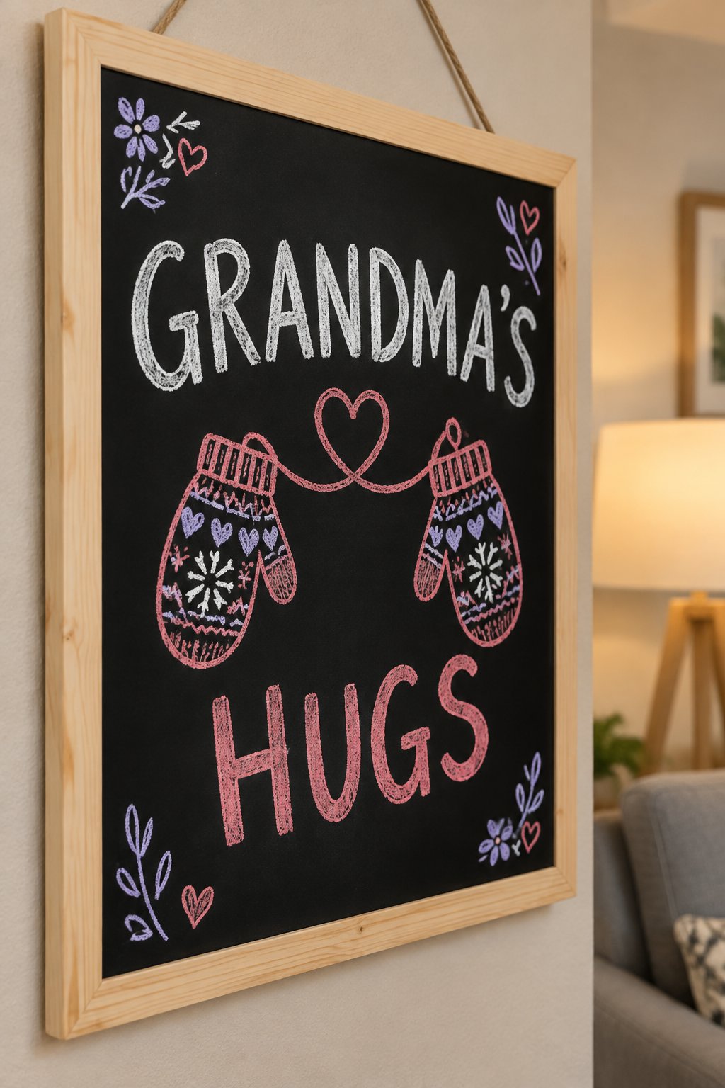 Grandma's Hugs: a hand-drawn valentines chalkboard sign reading "GRANDMA'S HUGS".