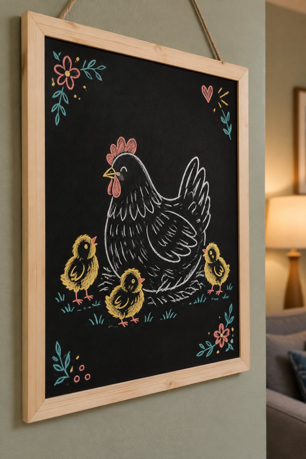 Hen and Chicks: a hand-drawn spring chalkboard sign drawn without words, a hen sitting proudly with three fluffy chicks around her.