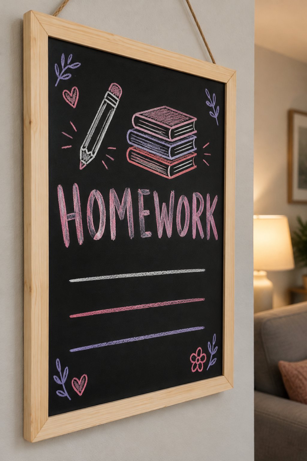 Homework Board: a hand-drawn valentines chalkboard sign reading "HOMEWORK".