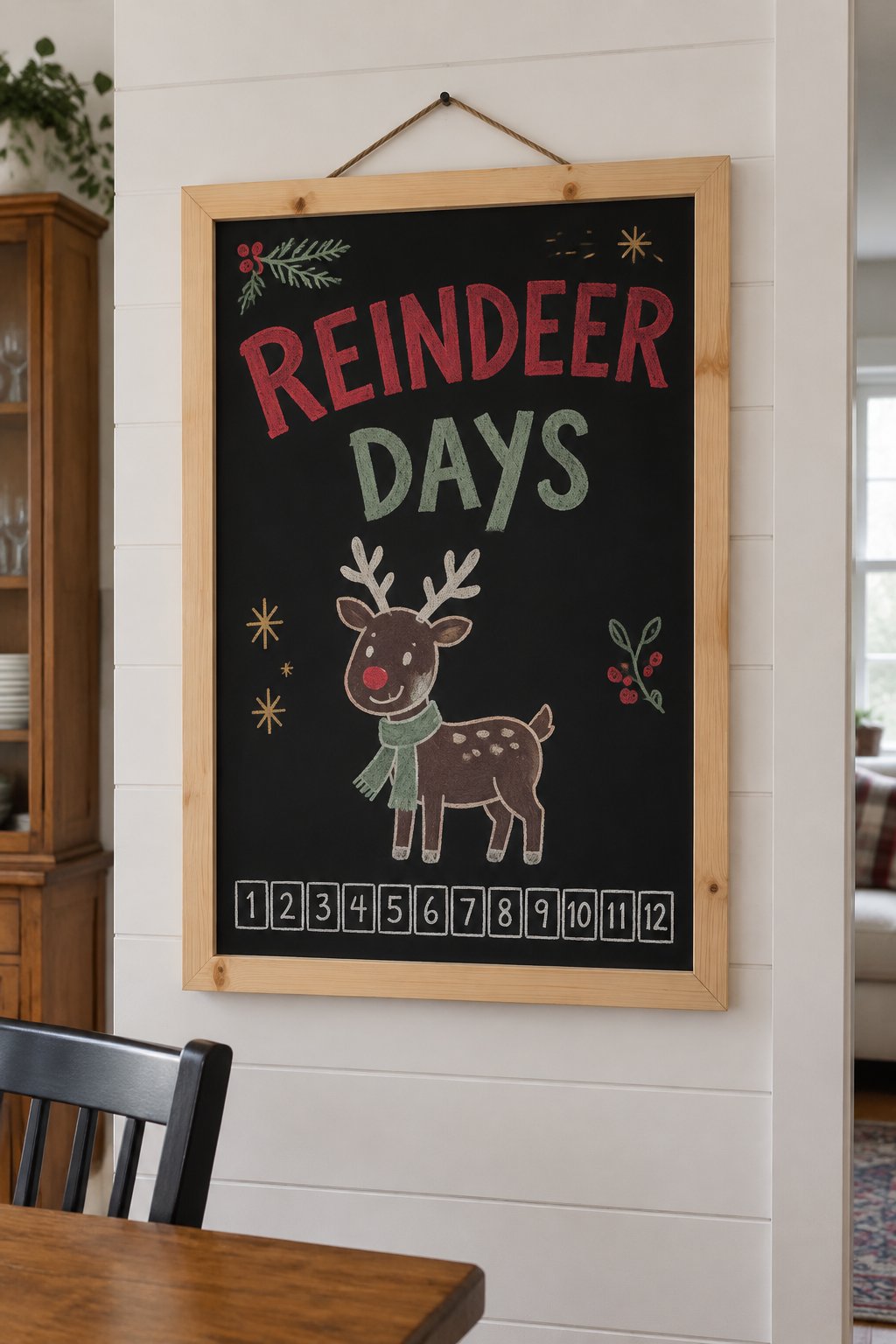 Reindeer Countdown: a hand-drawn christmas chalkboard sign reading "REINDEER DAYS".