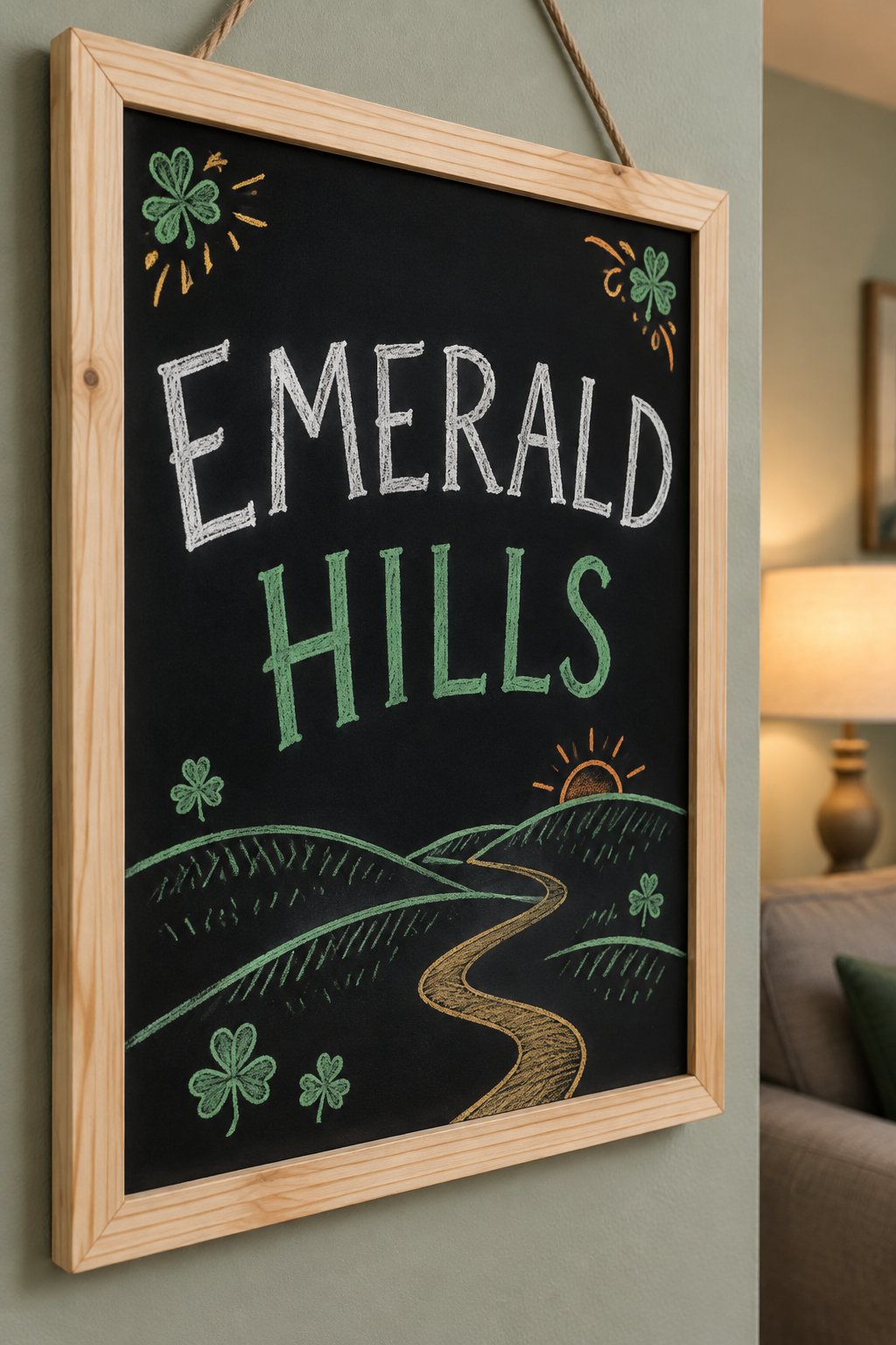 Rolling Green Hills: a hand-drawn stpatricks chalkboard sign reading "EMERALD HILLS".