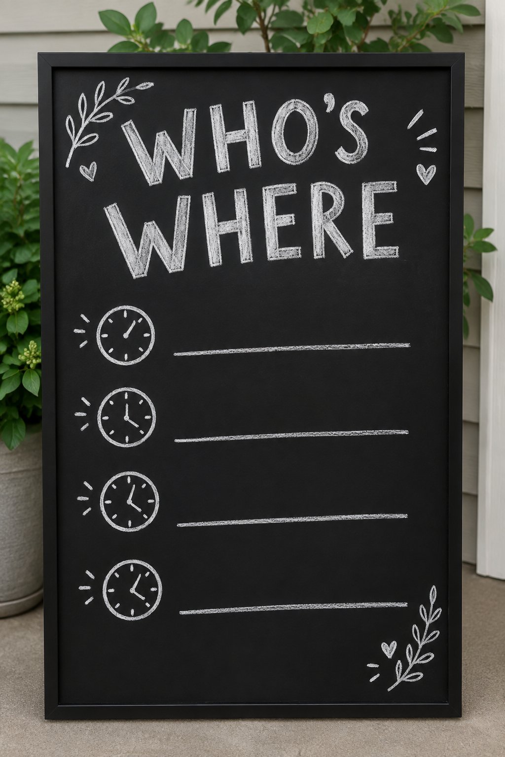 Who's Where: a hand-drawn winter chalkboard sign reading "WHO'S WHERE".