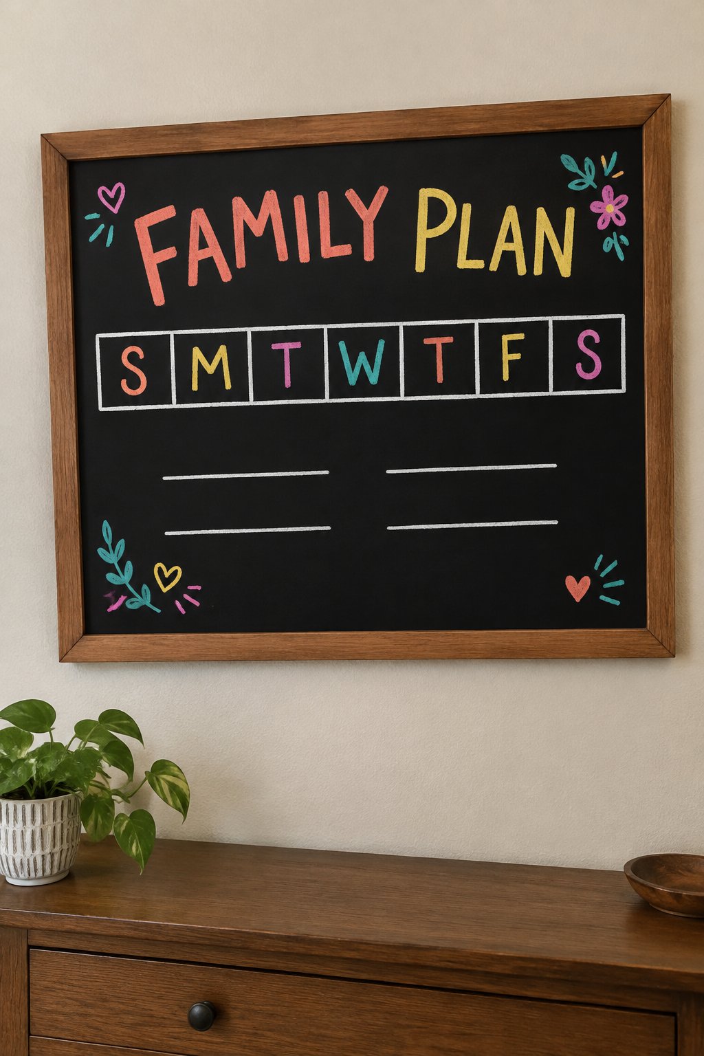 Family Command Center: a hand-drawn spring chalkboard sign reading "FAMILY PLAN".