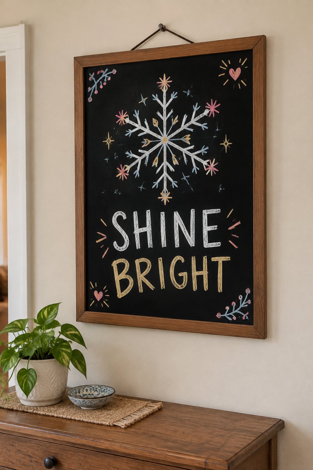 Glitter Snowflake: a hand-drawn newyear chalkboard sign reading "SHINE BRIGHT".