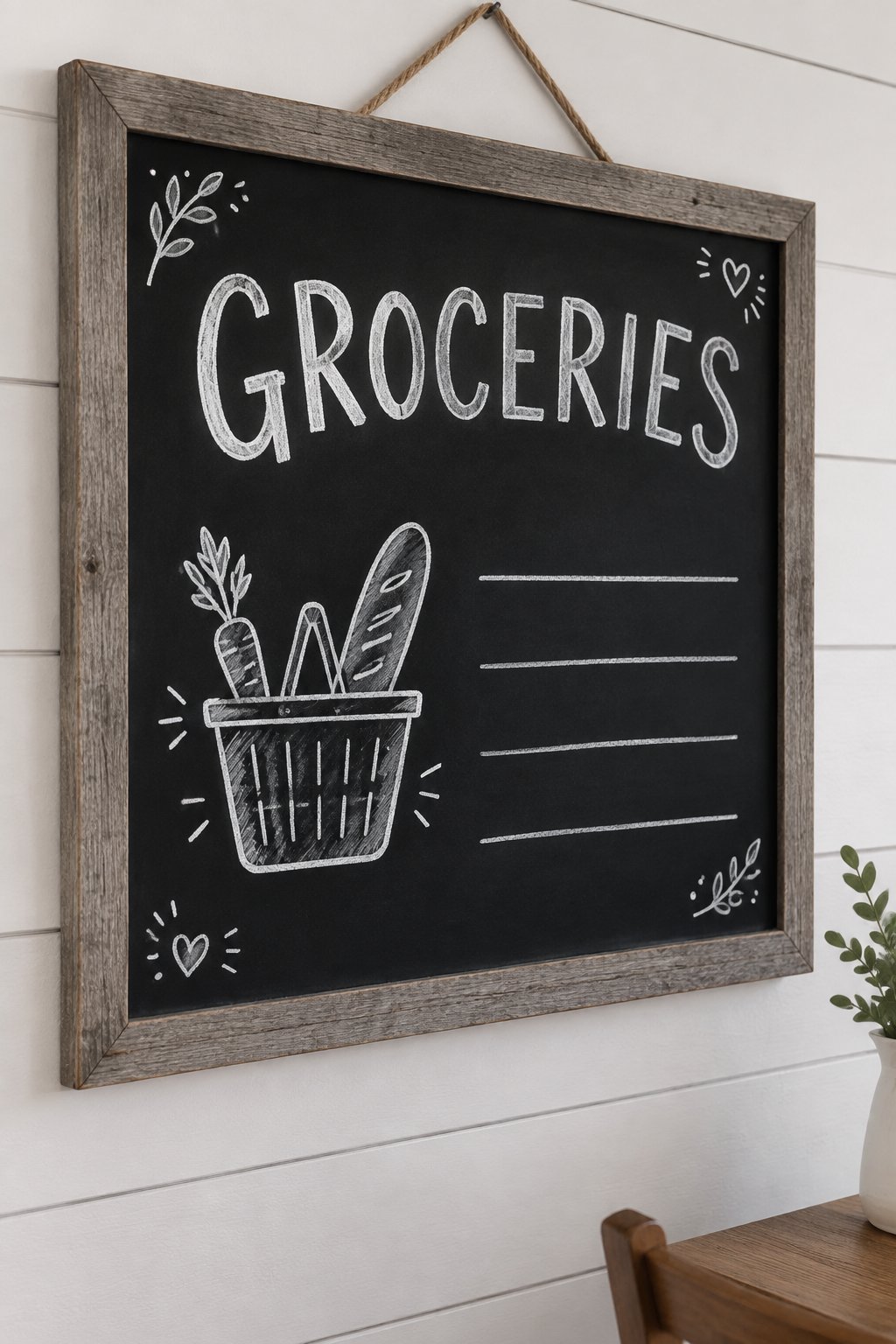 Grocery Plan: a hand-drawn winter chalkboard sign reading "GROCERIES".