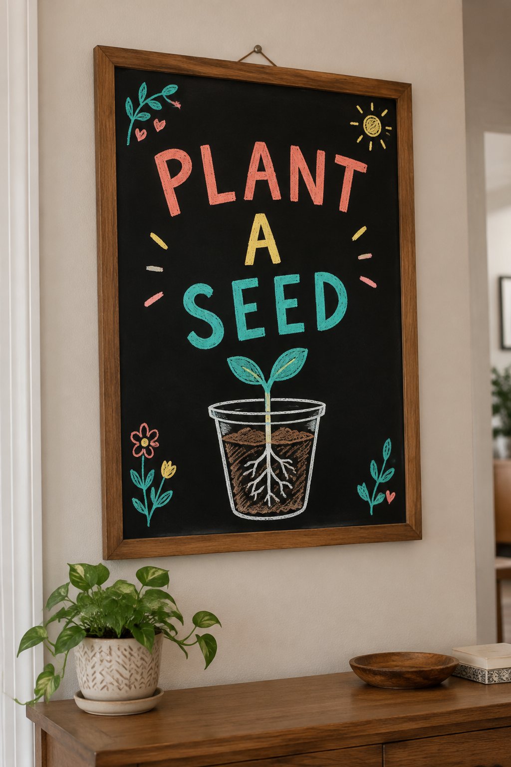 Plant a Seed: a hand-drawn spring chalkboard sign reading "PLANT A SEED".