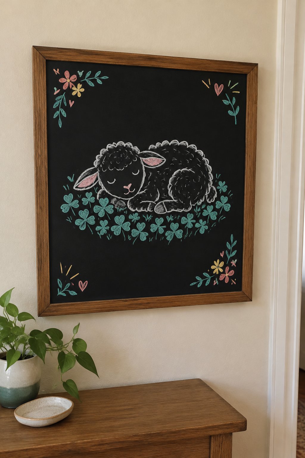Sleepy Lamb: a hand-drawn spring chalkboard sign drawn without words, a lamb curled up asleep on a pillow of clover.