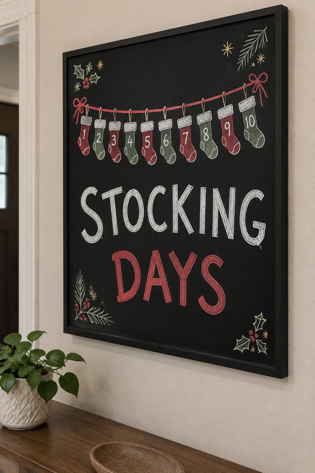 Stocking Countdown: a hand-drawn christmas chalkboard sign reading "STOCKING DAYS".