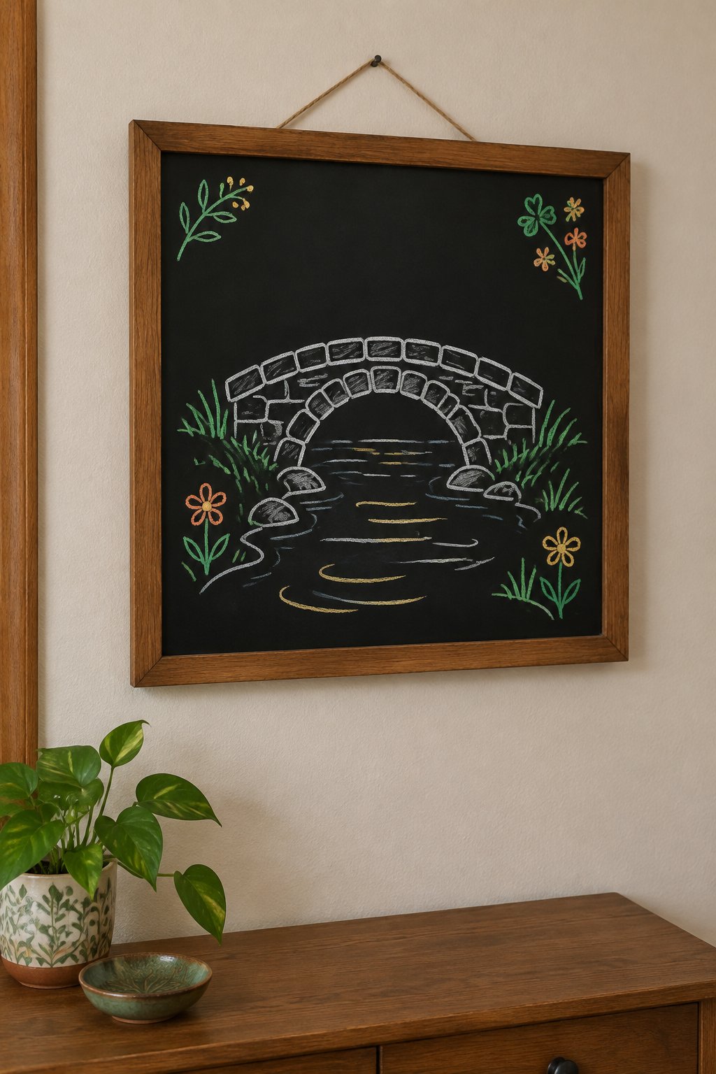 Stone Bridge: a hand-drawn stpatricks chalkboard sign drawn without words, a stone arch bridge over a stream with ripples and two small flowers.
