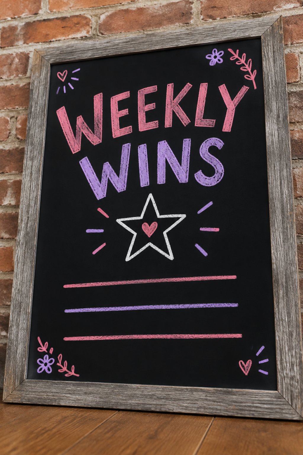 Weekly Wins: a hand-drawn valentines chalkboard sign reading "WEEKLY WINS".