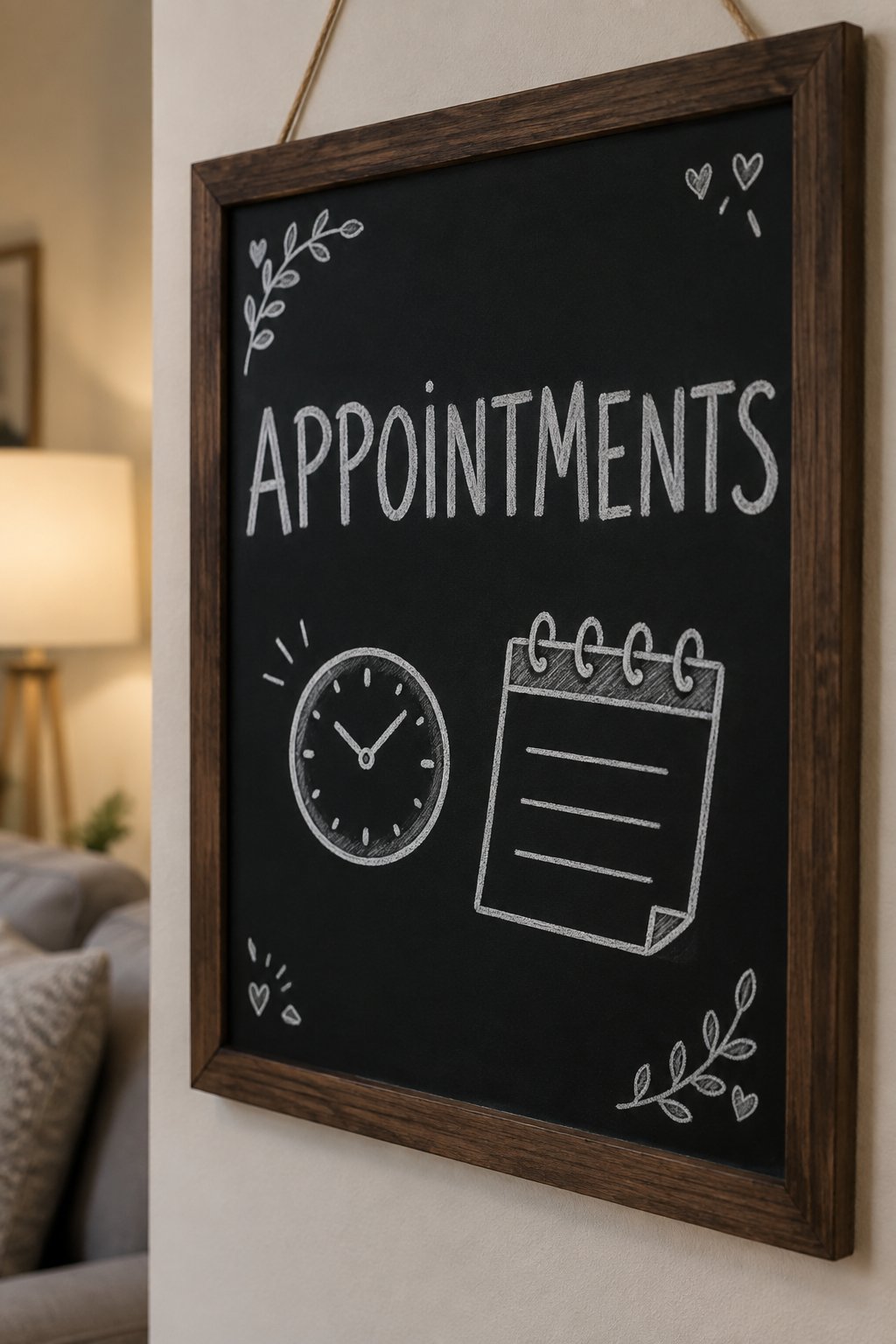 Appointments: a hand-drawn winter chalkboard sign reading "APPOINTMENTS".