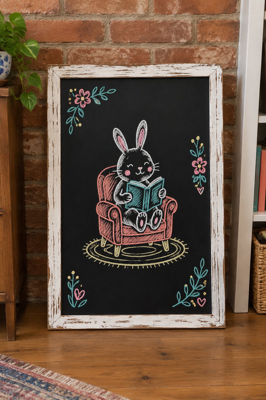 Bunny Reader: a hand-drawn spring chalkboard sign drawn without words, a bunny sitting in a little armchair reading a book.