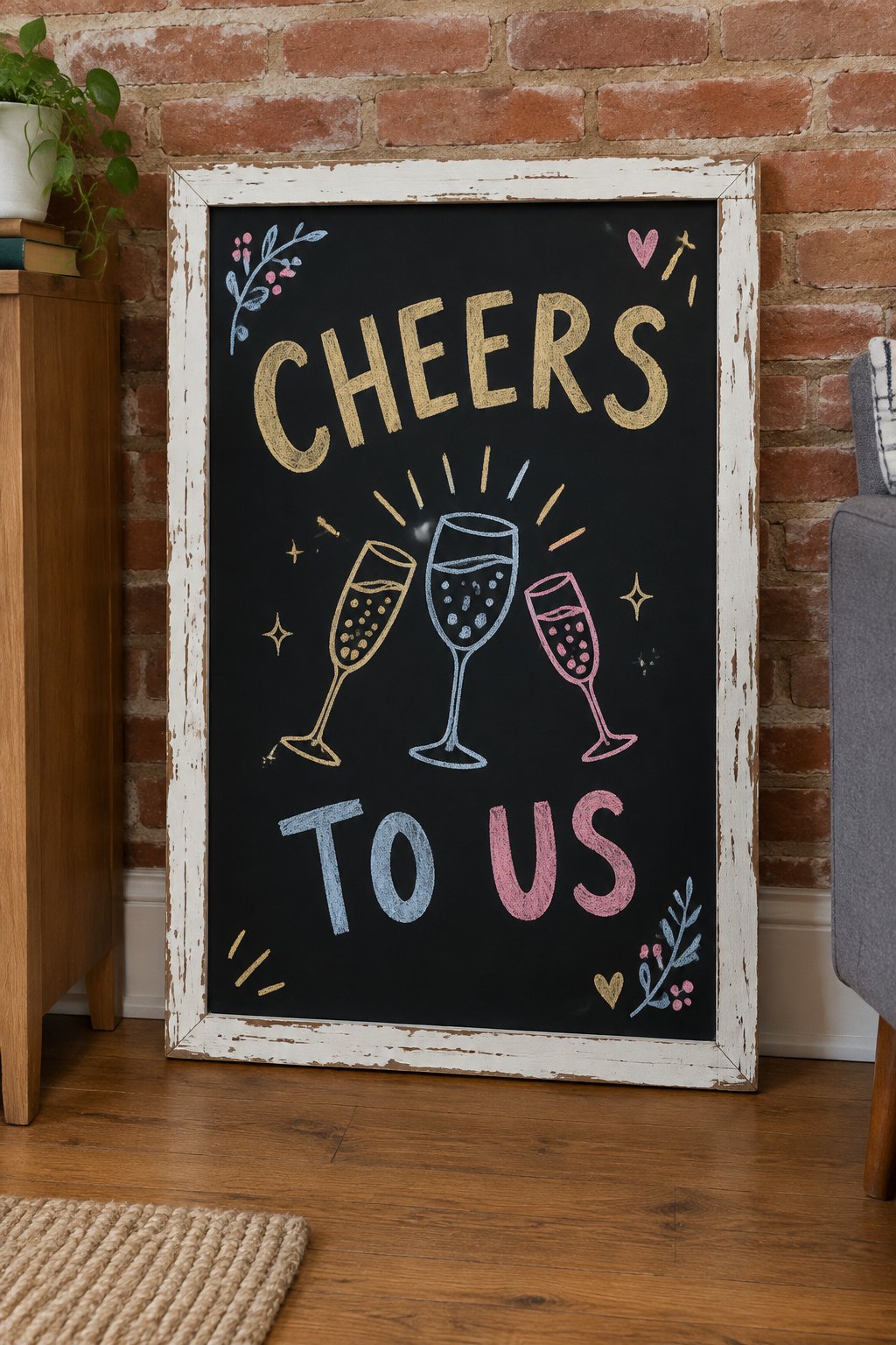 Family Cheers: a hand-drawn newyear chalkboard sign reading "CHEERS TO US".