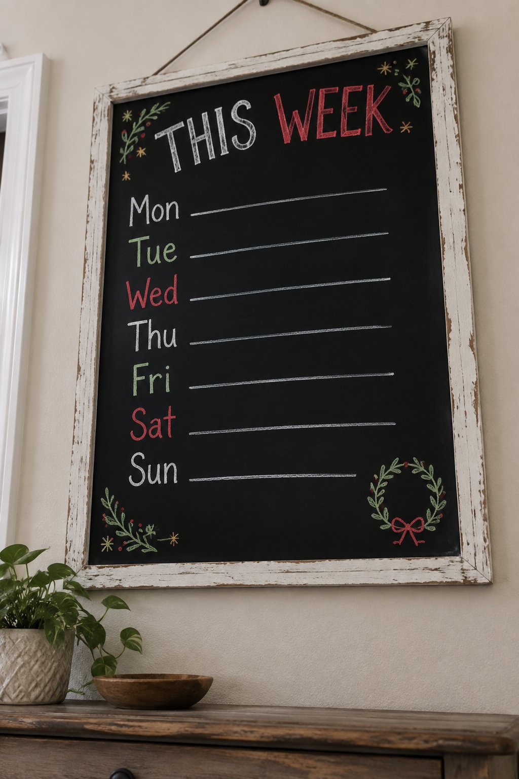 Holiday Command Center: a hand-drawn christmas chalkboard sign reading "THIS WEEK".