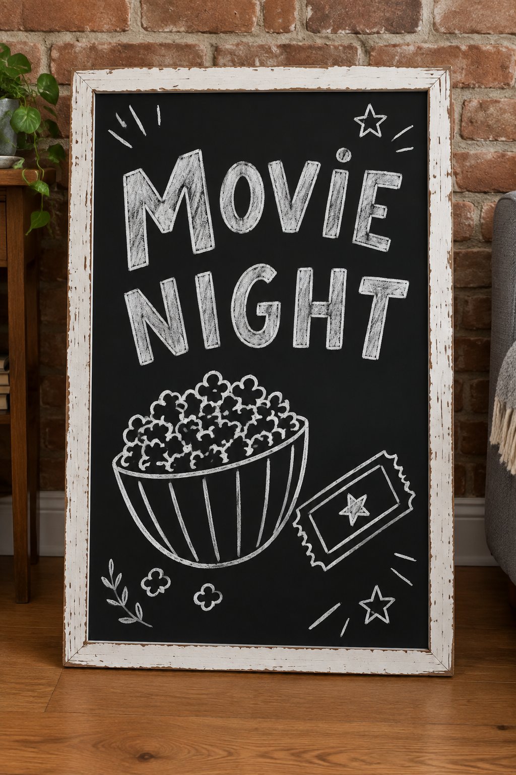 Movie Night: a hand-drawn winter chalkboard sign reading "MOVIE NIGHT".