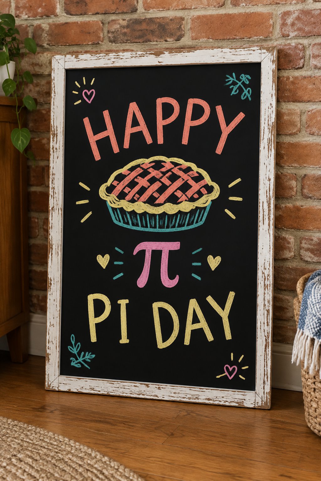 Pi Day Pie: a hand-drawn spring chalkboard sign reading "HAPPY PI DAY".