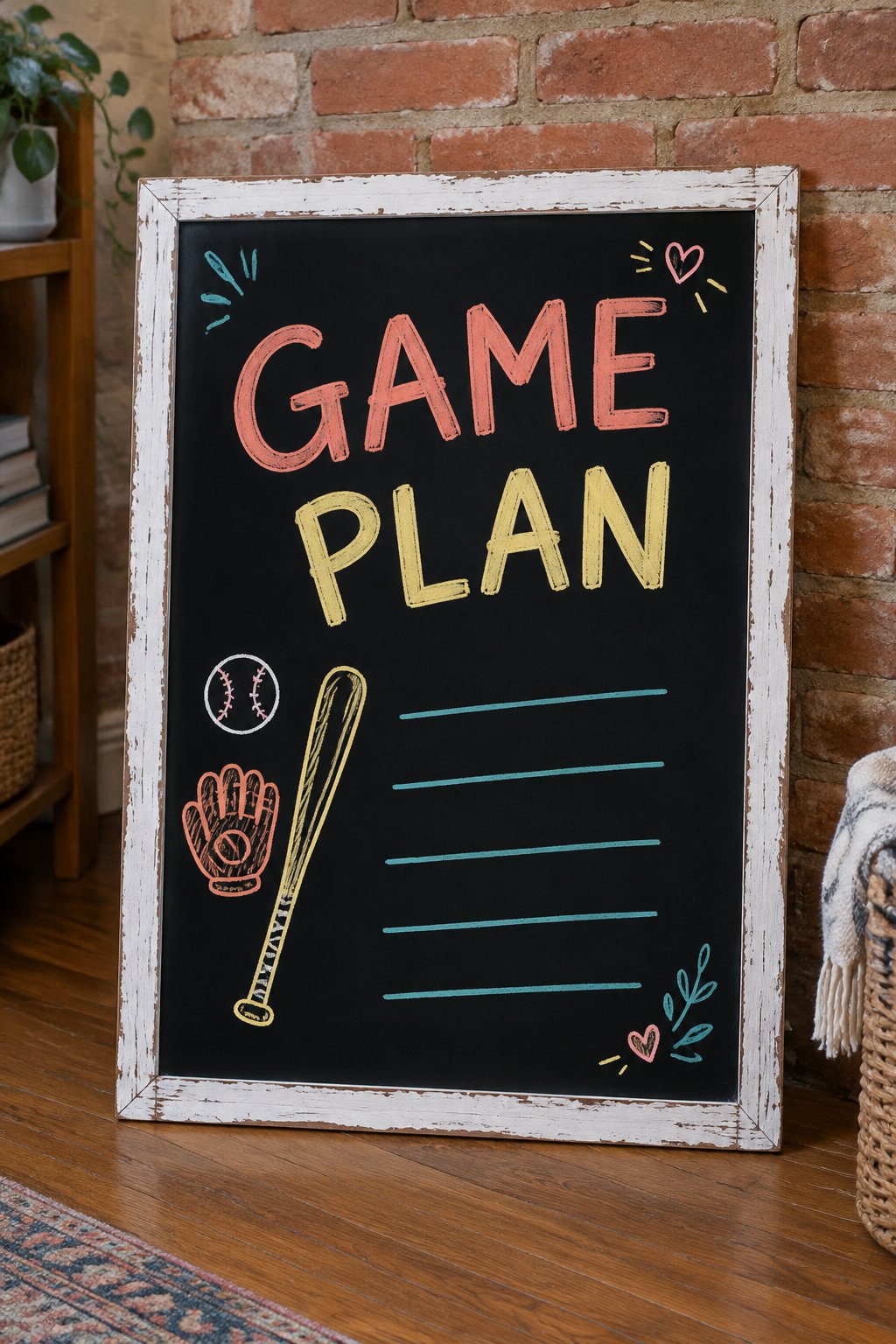 Practice Schedule: a hand-drawn spring chalkboard sign reading "GAME PLAN".