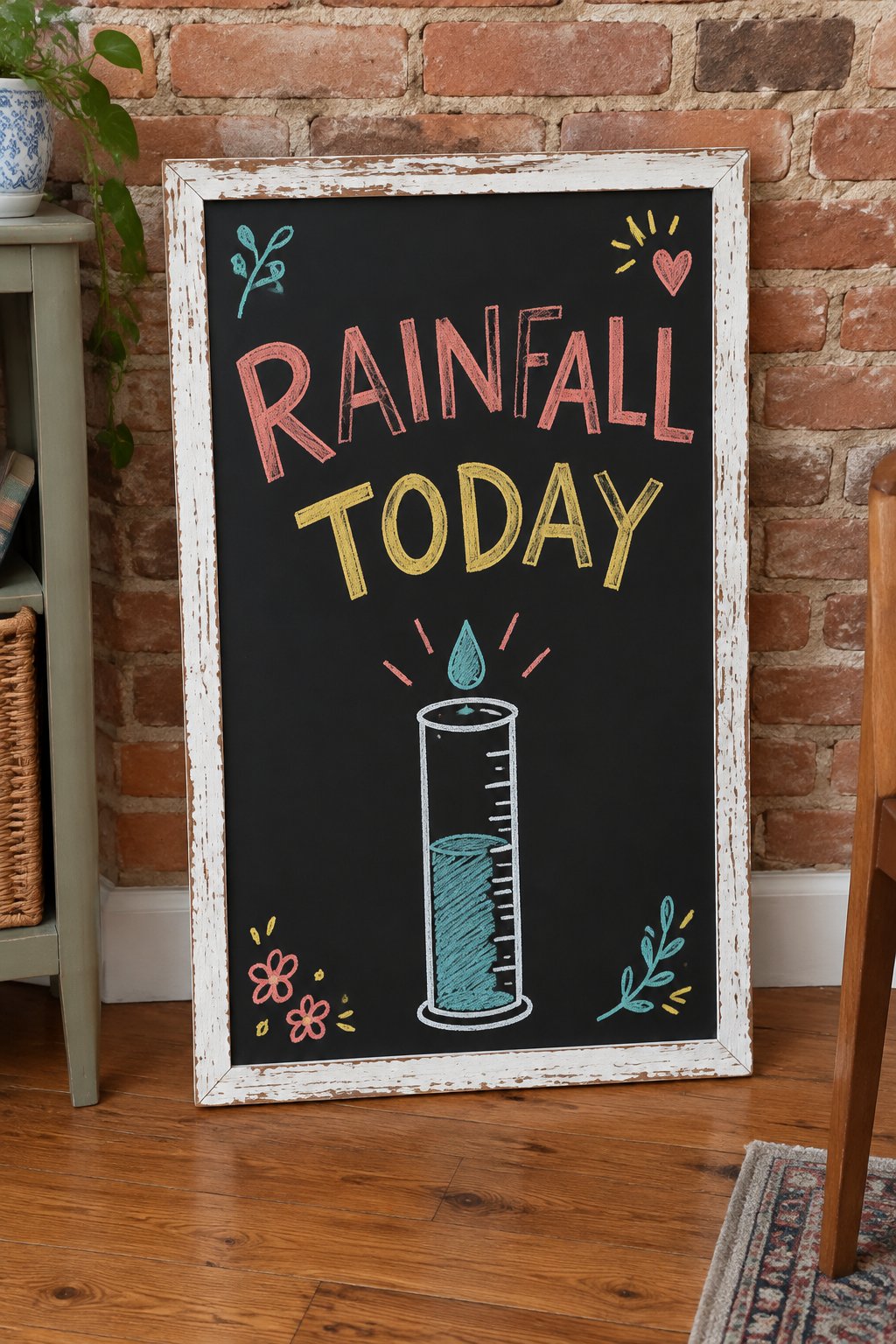 Rainfall Today: a hand-drawn spring chalkboard sign reading "RAINFALL TODAY".
