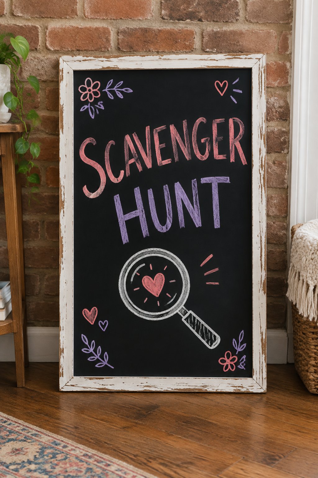 Scavenger Hunt: a hand-drawn valentines chalkboard sign reading "SCAVENGER HUNT".