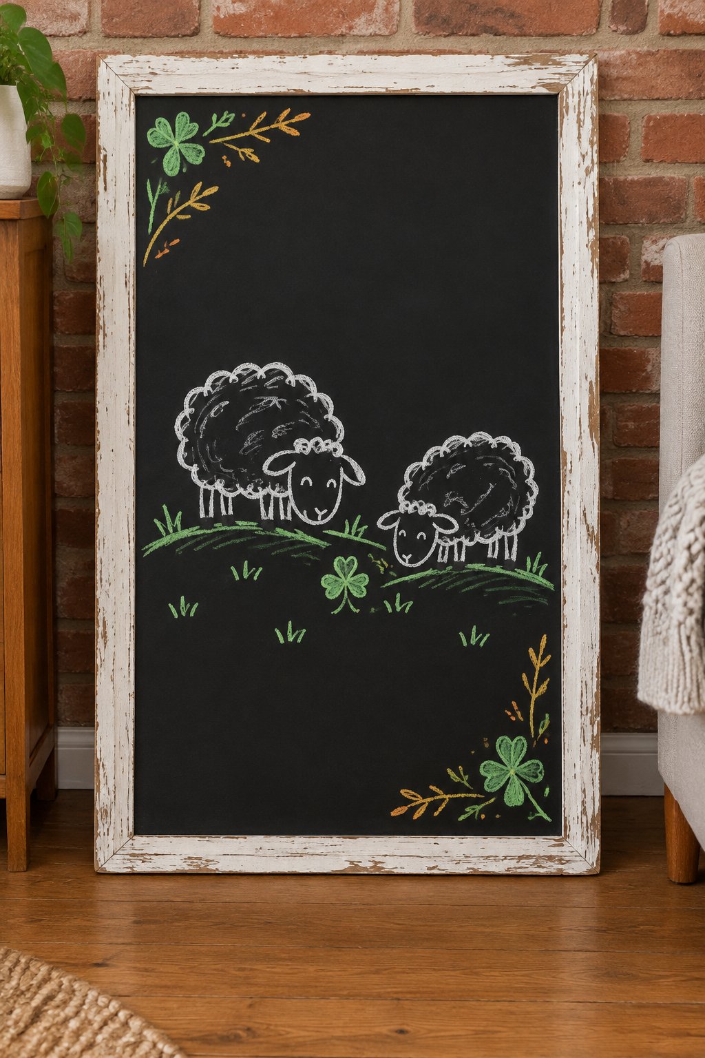 Sheep on the Hill: a hand-drawn stpatricks chalkboard sign drawn without words, two fluffy sheep grazing on a green hill with a small shamrock beside them.