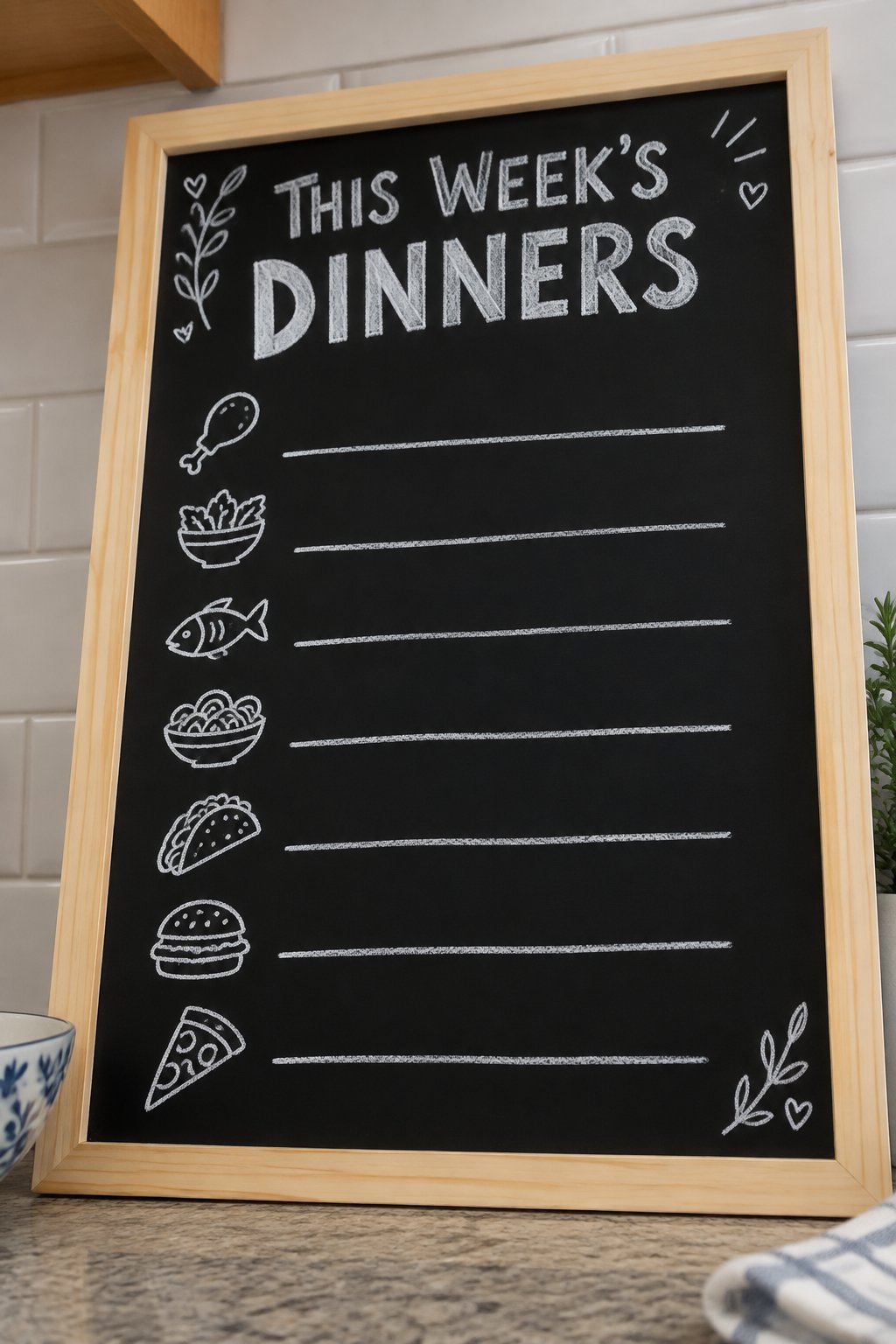 Dinner Menu Week: a hand-drawn winter chalkboard sign reading "THIS WEEK'S DINNERS".