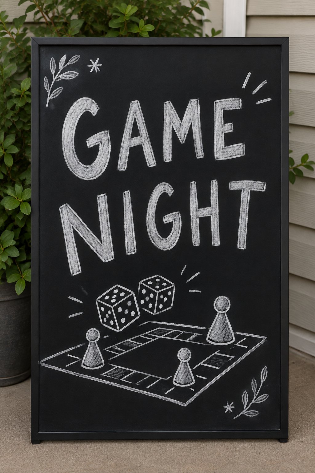 Game Night: a hand-drawn winter chalkboard sign reading "GAME NIGHT".