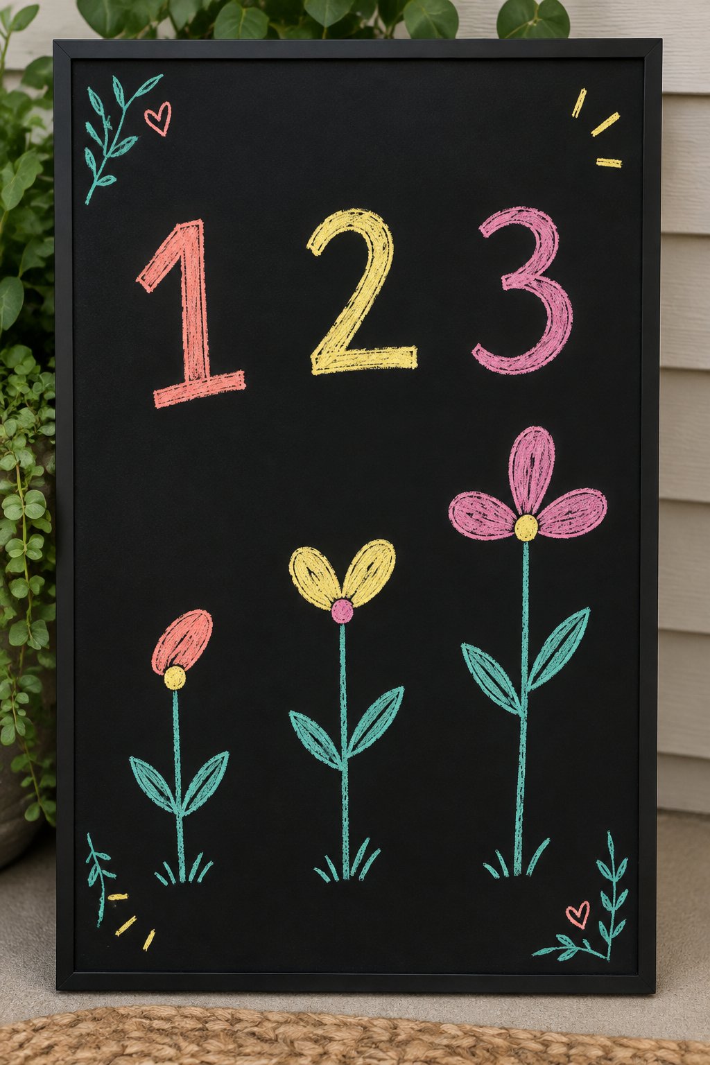 Let's Count: a hand-drawn spring chalkboard sign reading "1 2 3".