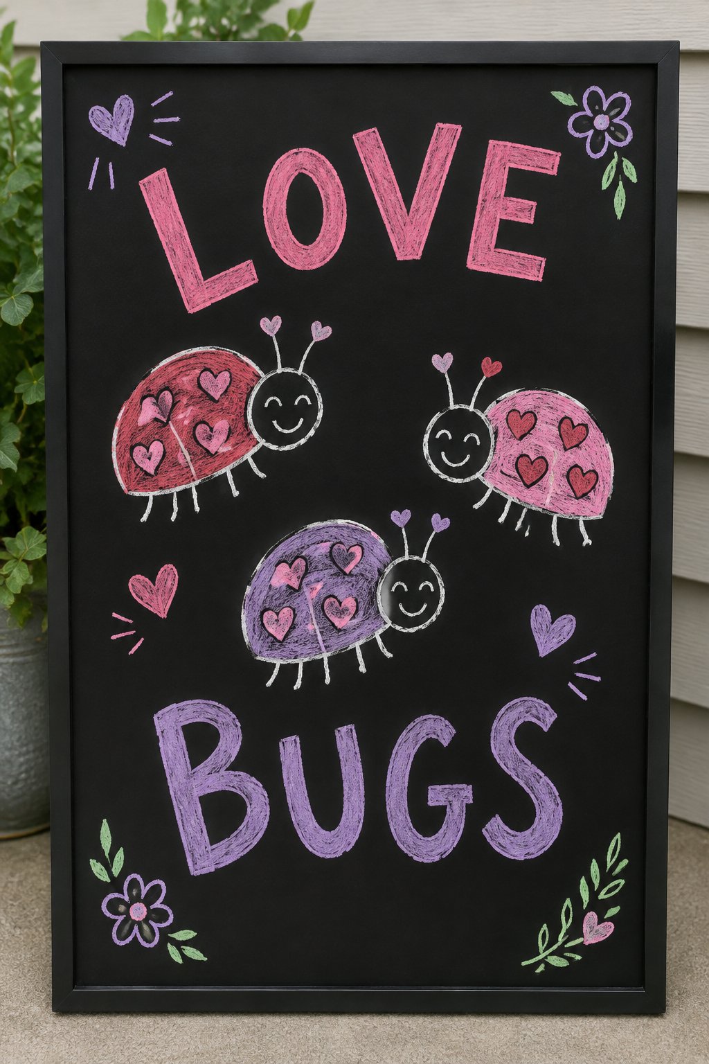 Love Bugs: a hand-drawn valentines chalkboard sign reading "LOVE BUGS".
