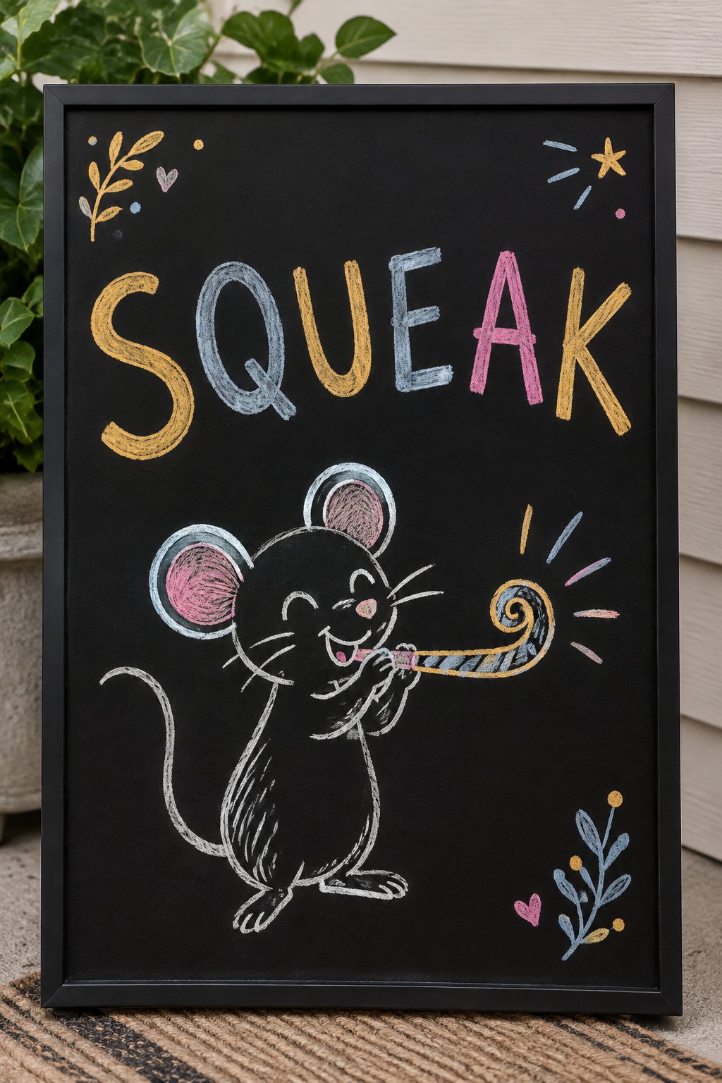 Noisemaker Mouse: a hand-drawn newyear chalkboard sign reading "SQUEAK".