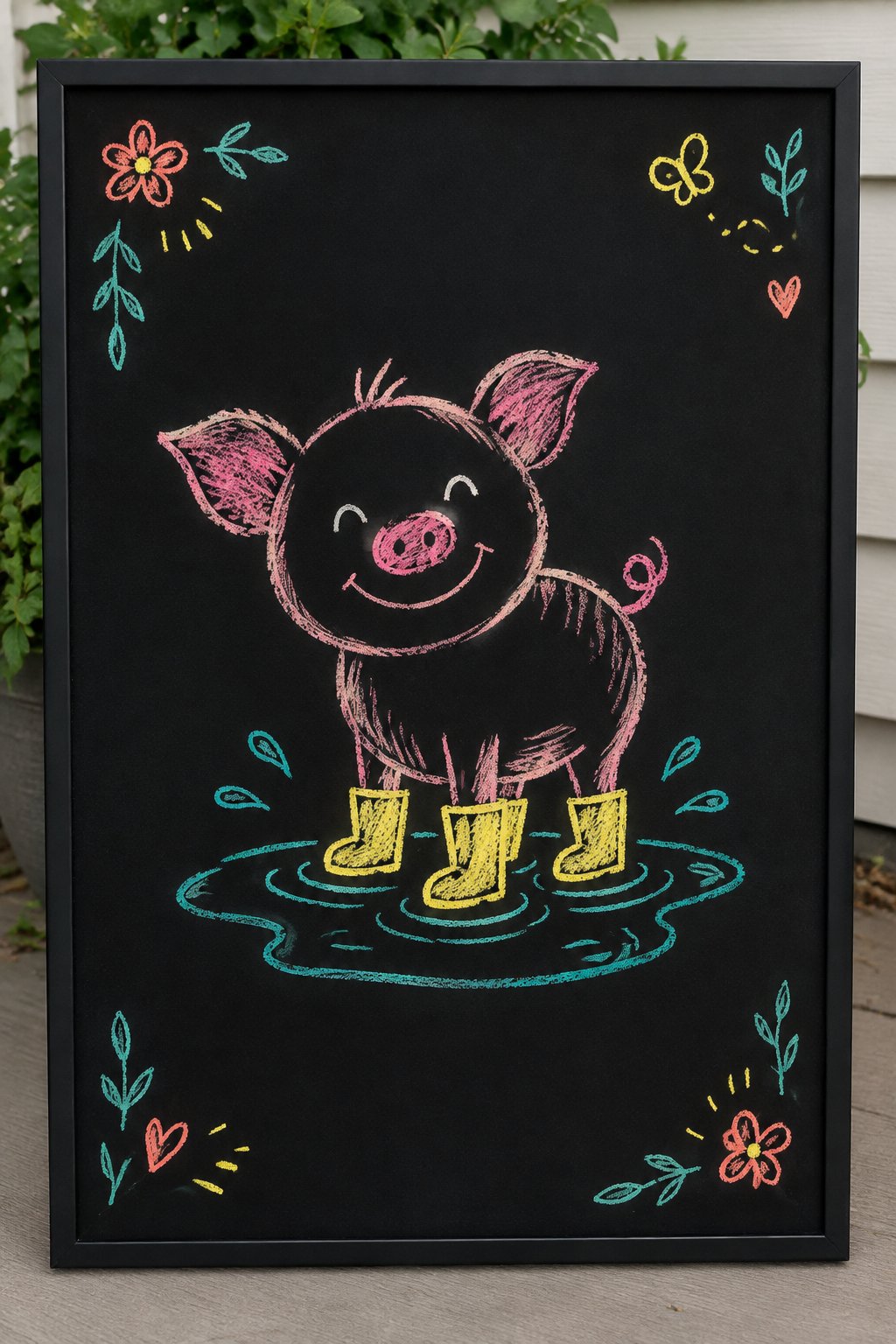 Piglet in Boots: a hand-drawn spring chalkboard sign drawn without words, a smiling piglet wearing tiny rain boots standing in a puddle.