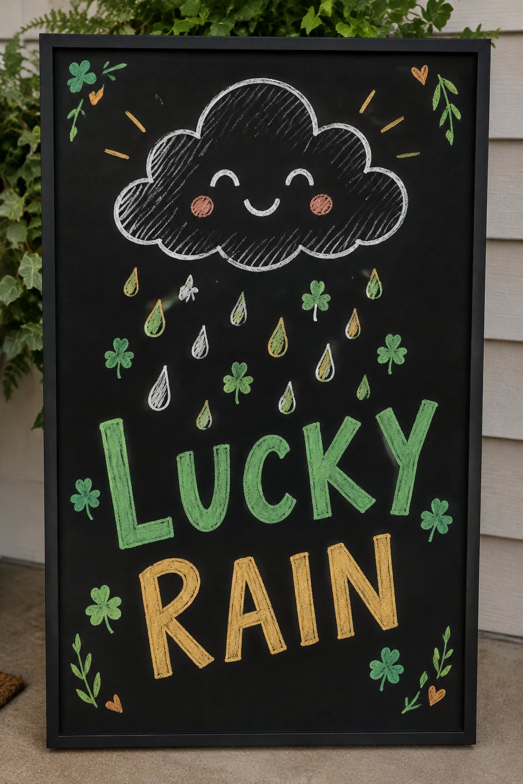 Shamrock Showers: a hand-drawn stpatricks chalkboard sign reading "LUCKY RAIN".