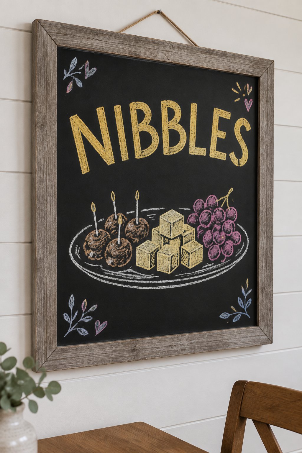 Appetizer Board: a hand-drawn newyear chalkboard sign reading "NIBBLES".