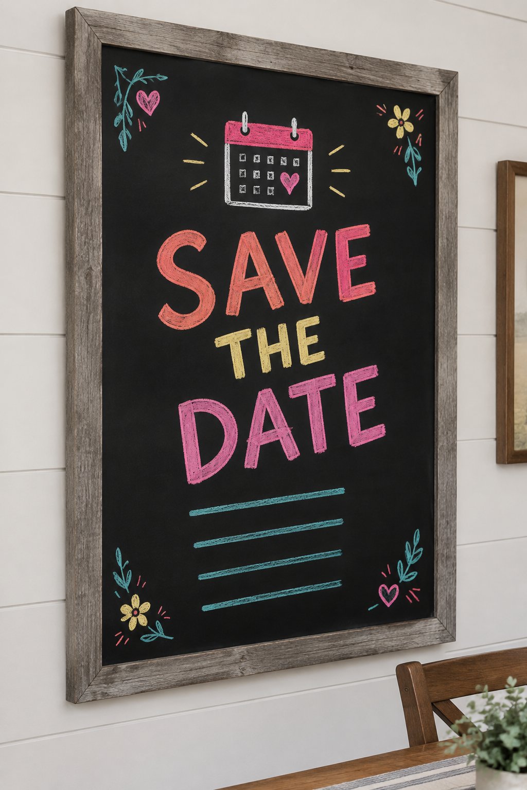 Appointment Wall: a hand-drawn spring chalkboard sign reading "SAVE THE DATE".