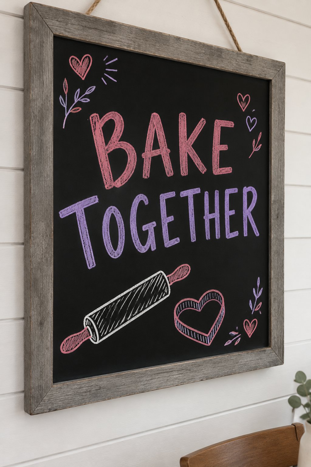 Bake Together: a hand-drawn valentines chalkboard sign reading "BAKE TOGETHER".