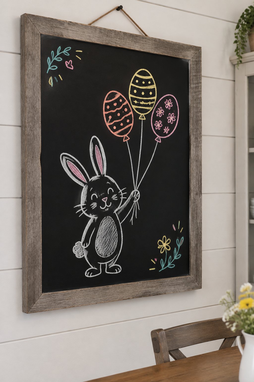 Bunny with Balloons: a hand-drawn spring chalkboard sign drawn without words, a bunny holding three egg shaped balloons on strings.