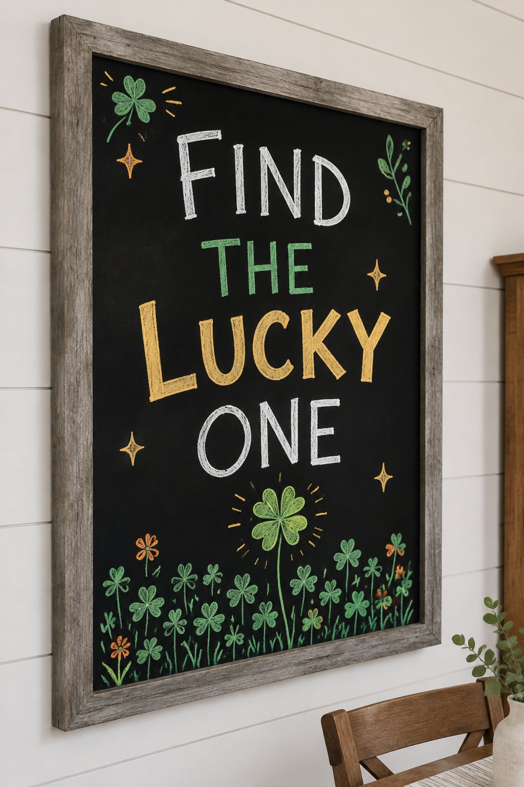 Clover Field: a hand-drawn stpatricks chalkboard sign reading "FIND THE LUCKY ONE".