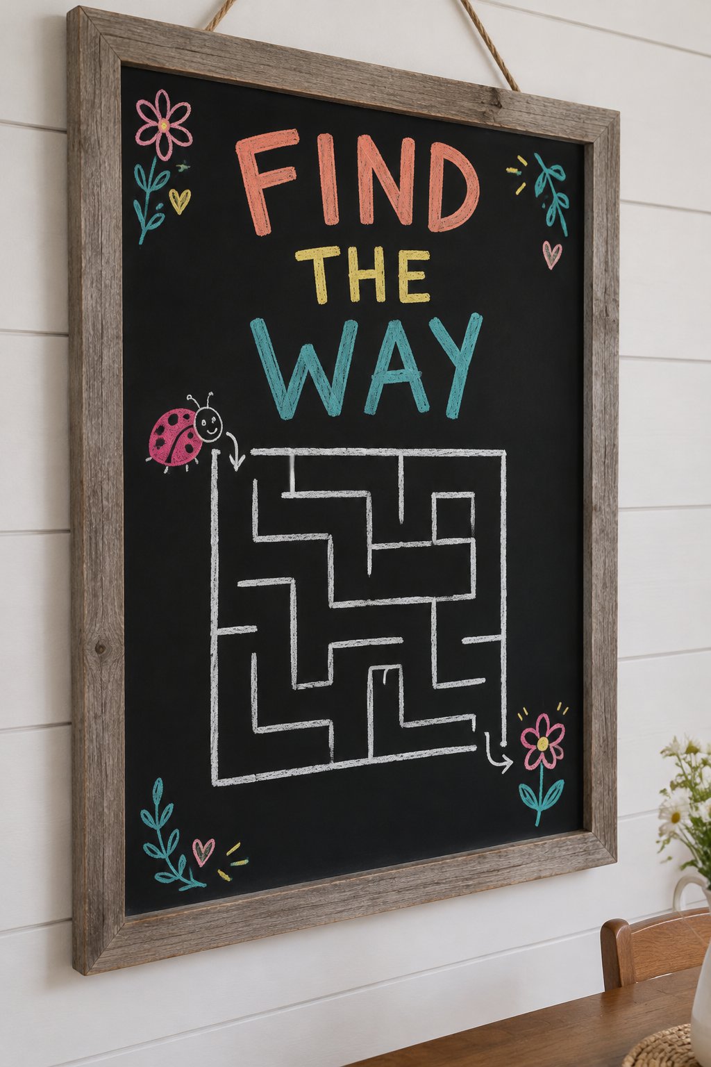 Find the Way: a hand-drawn spring chalkboard sign reading "FIND THE WAY".