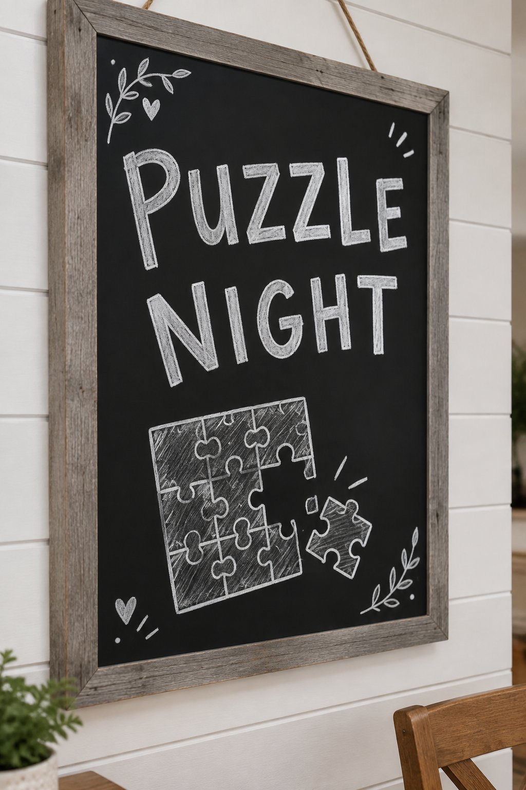 Puzzle Night: a hand-drawn winter chalkboard sign reading "PUZZLE NIGHT".