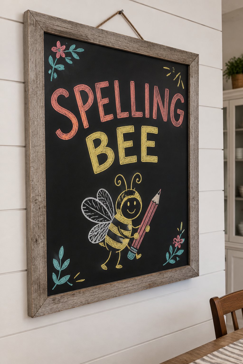 Spelling Bee: a hand-drawn spring chalkboard sign reading "SPELLING BEE".