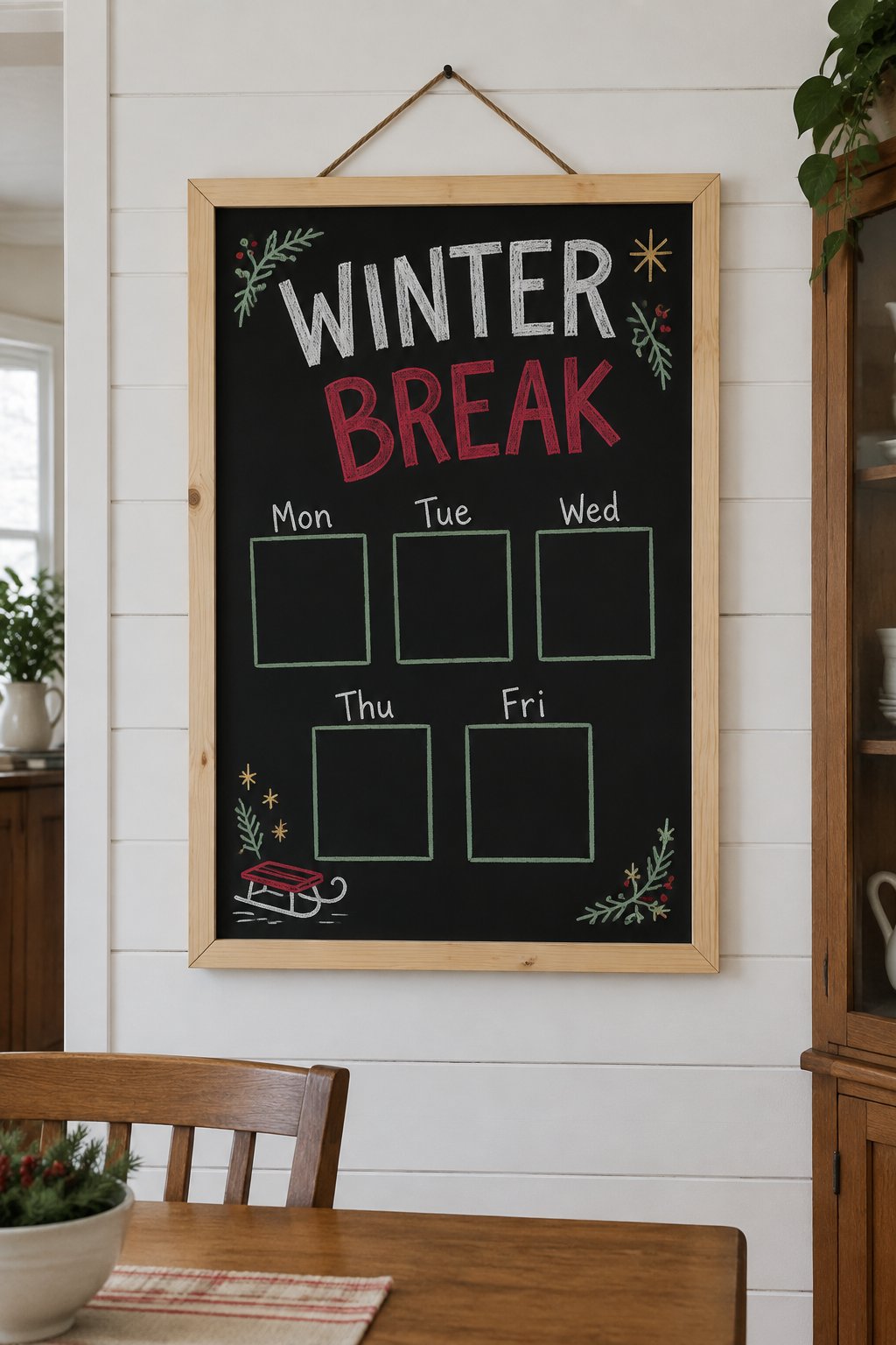 Winter Break Plan: a hand-drawn christmas chalkboard sign reading "WINTER BREAK".