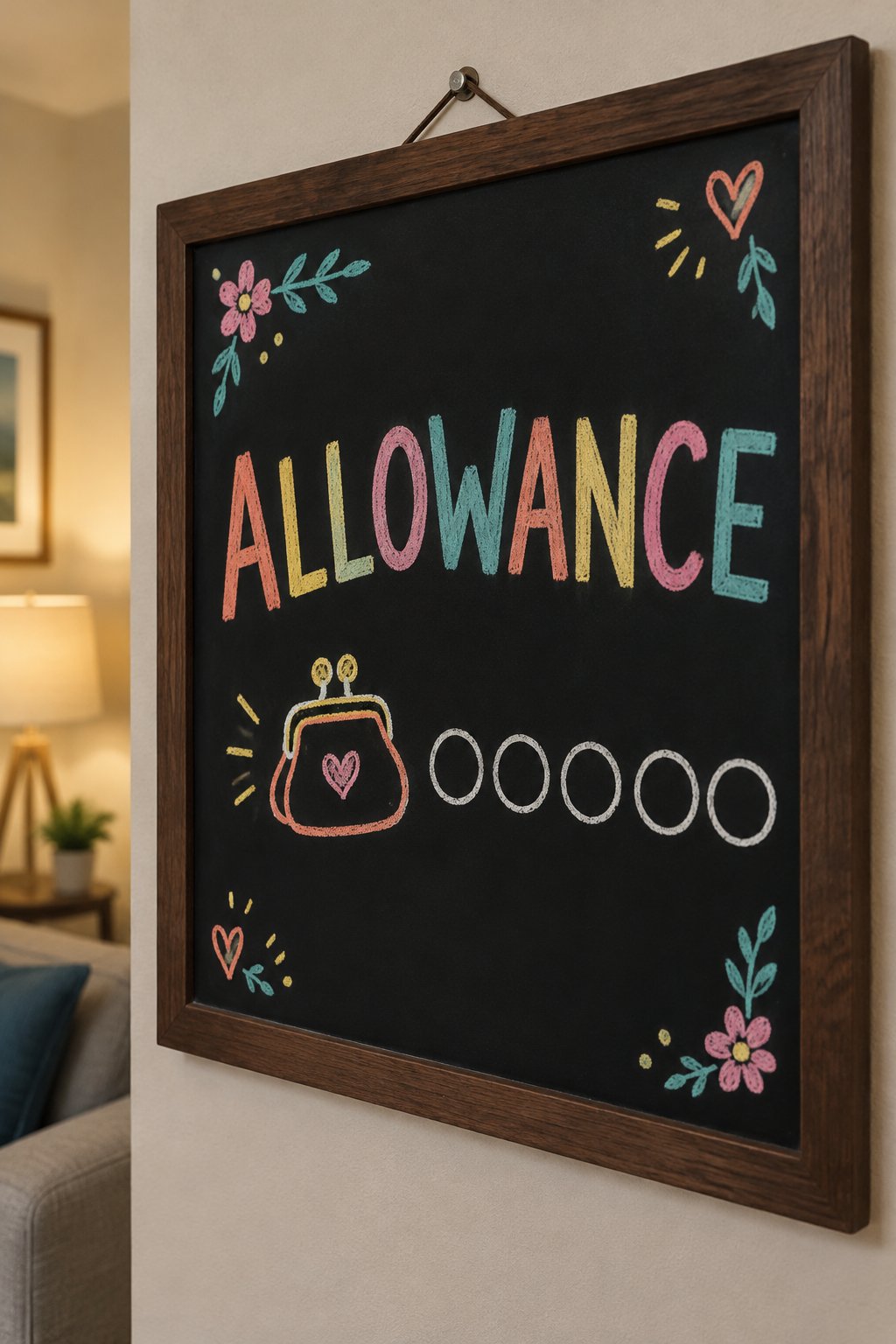 Allowance Tracker: a hand-drawn spring chalkboard sign reading "ALLOWANCE".