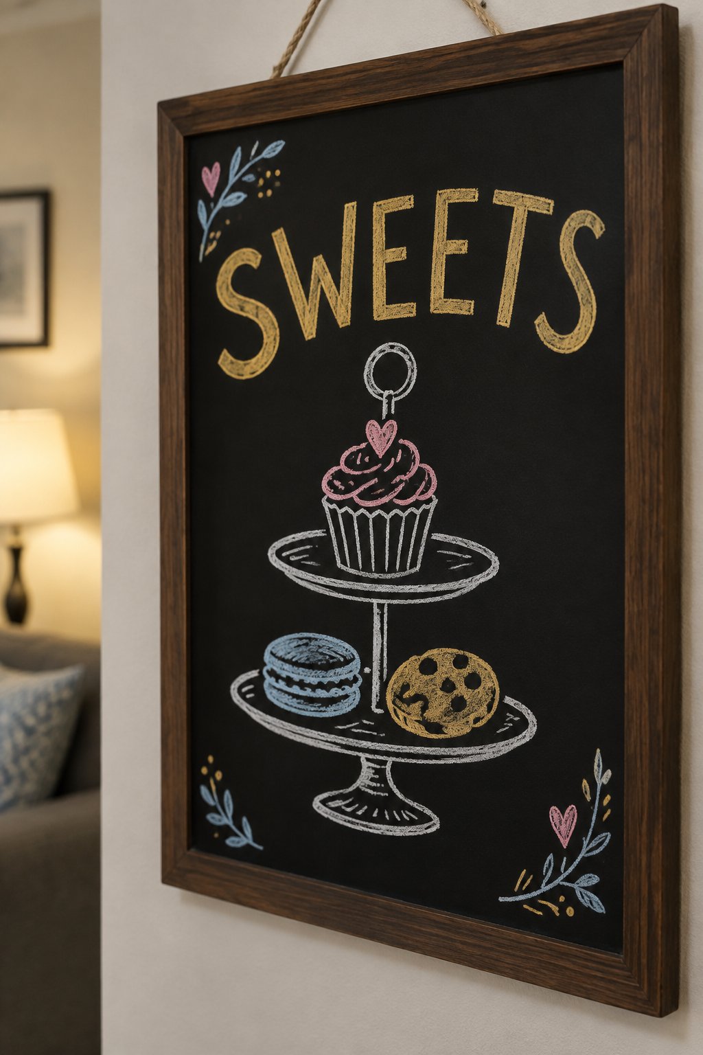Dessert Table: a hand-drawn newyear chalkboard sign reading "SWEETS".