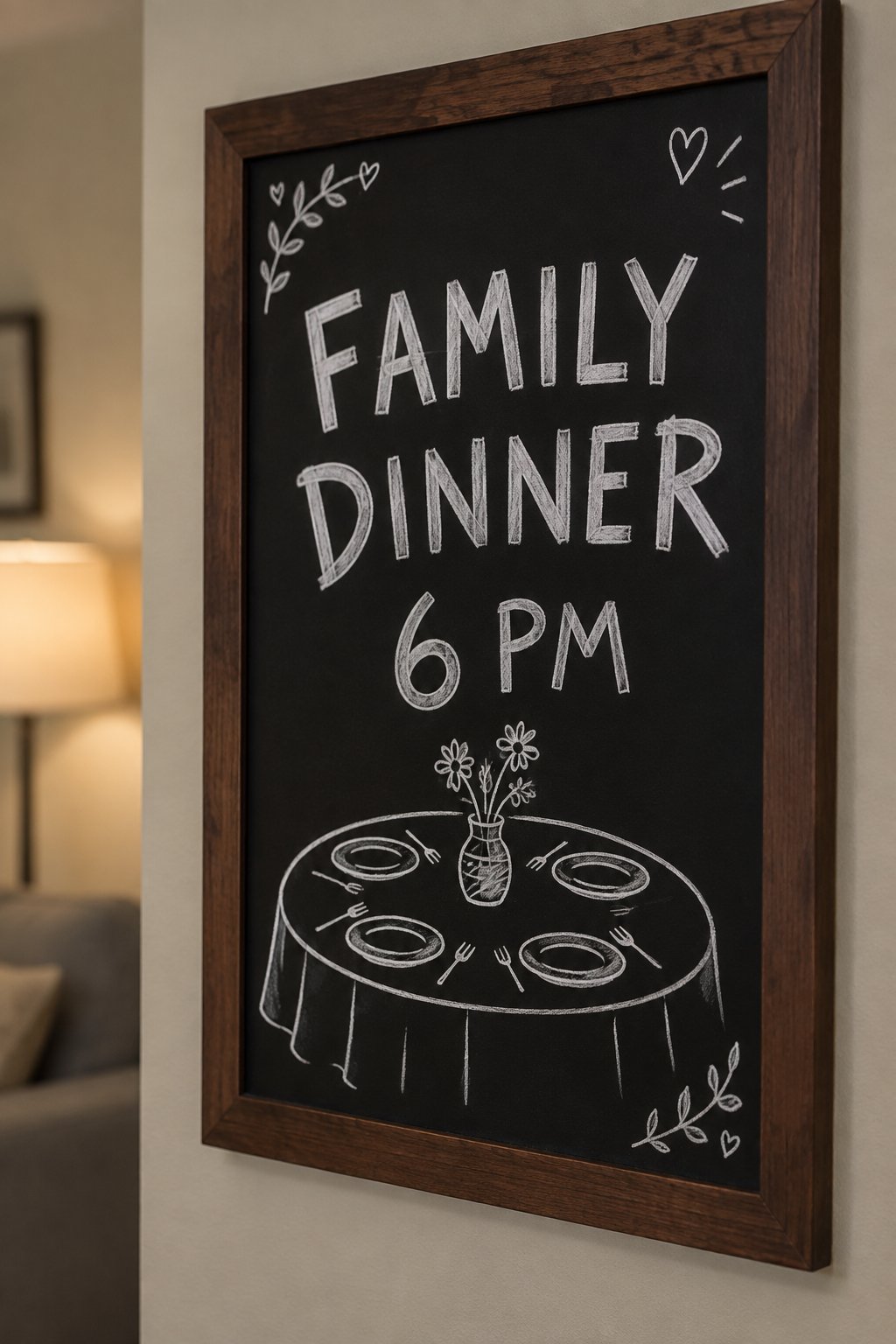 Family Dinner: a hand-drawn winter chalkboard sign reading "FAMILY DINNER 6 PM".