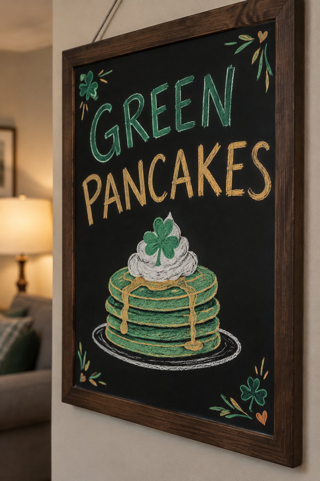 Green Pancakes: a hand-drawn stpatricks chalkboard sign reading "GREEN PANCAKES".
