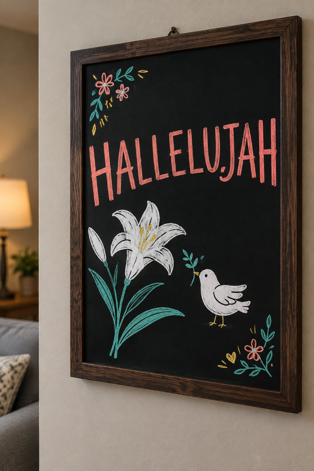 Hallelujah: a hand-drawn spring chalkboard sign reading "HALLELUJAH".