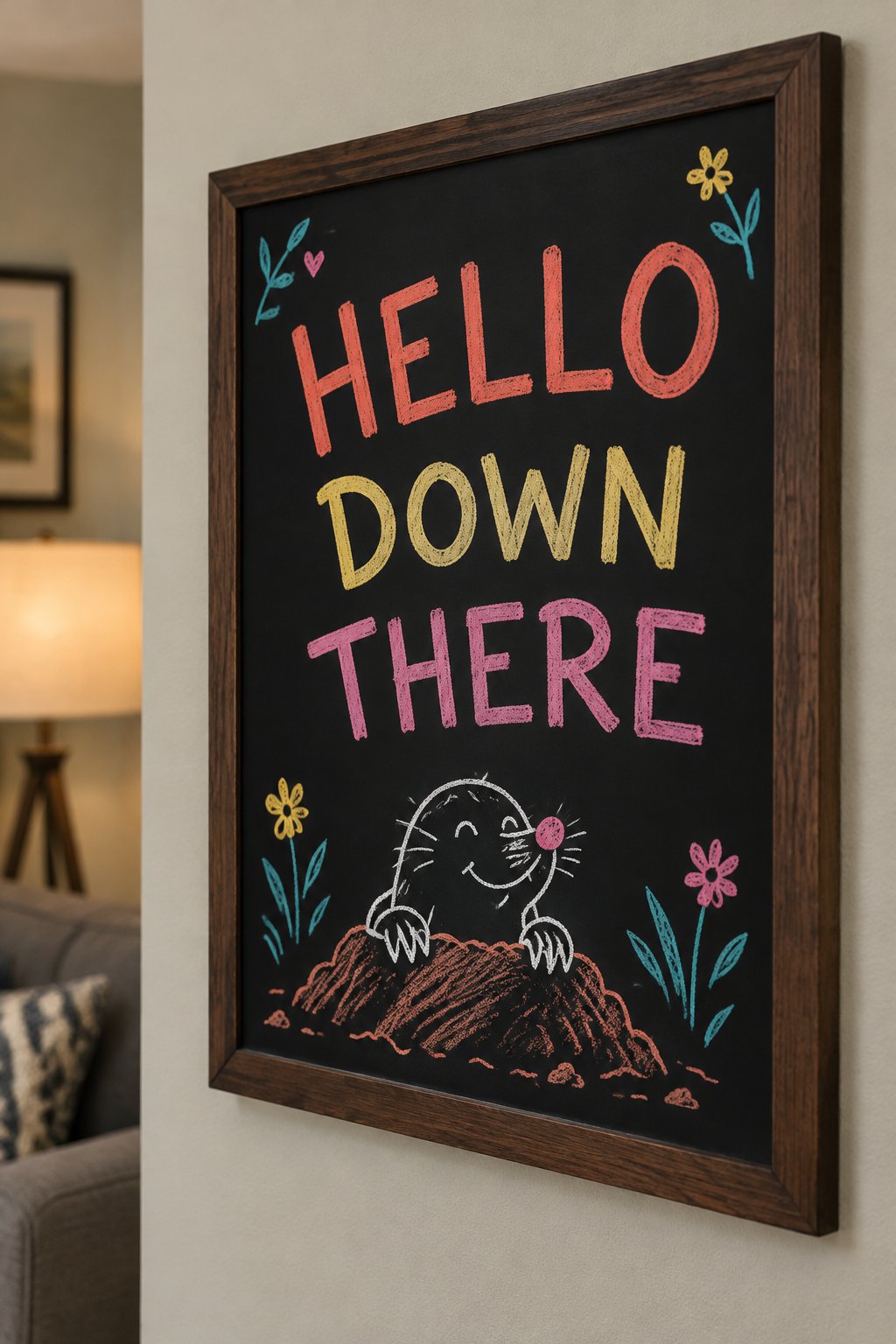 Hello Down There: a hand-drawn spring chalkboard sign reading "HELLO DOWN THERE".
